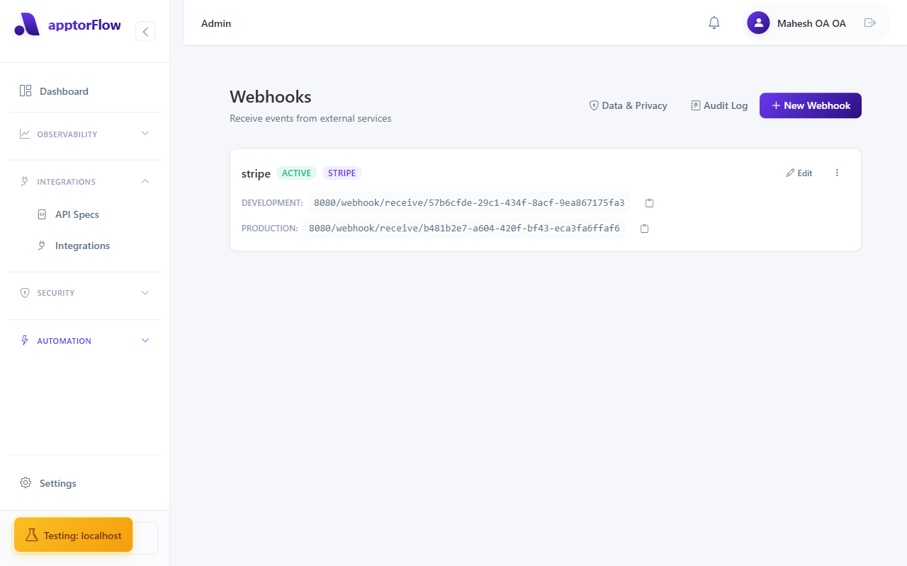 Webhooks admin page